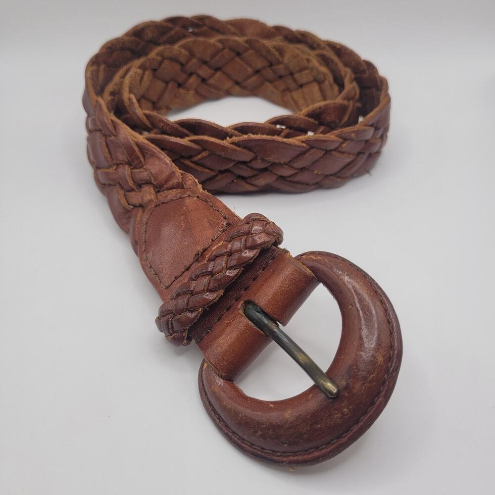 Omega Brown Leather Belt Medium Braided Woven Round Buckle Casual Rustic Artisan